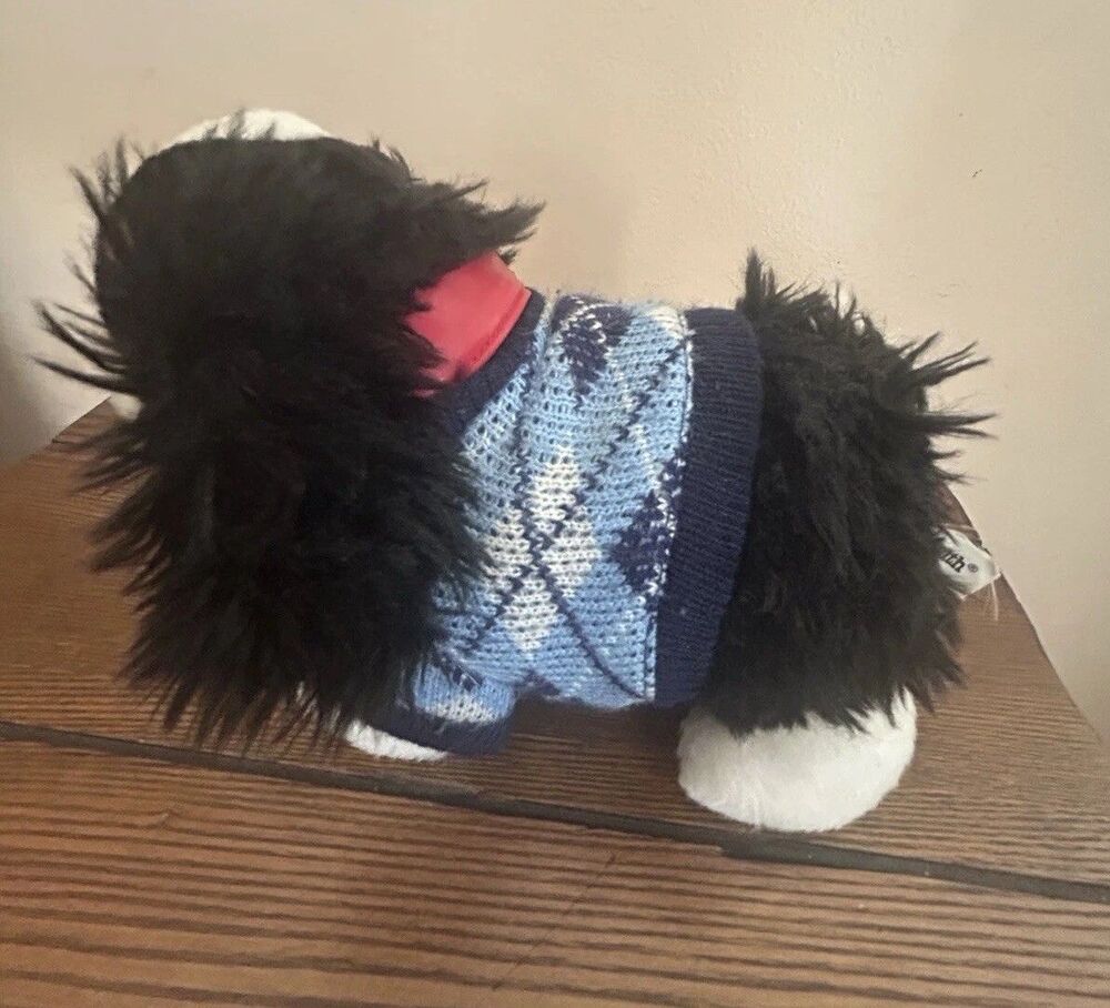Vintage Commonwealth Plush Puppy Dog Curly Fur Black Tan Ears Argyle Sweater